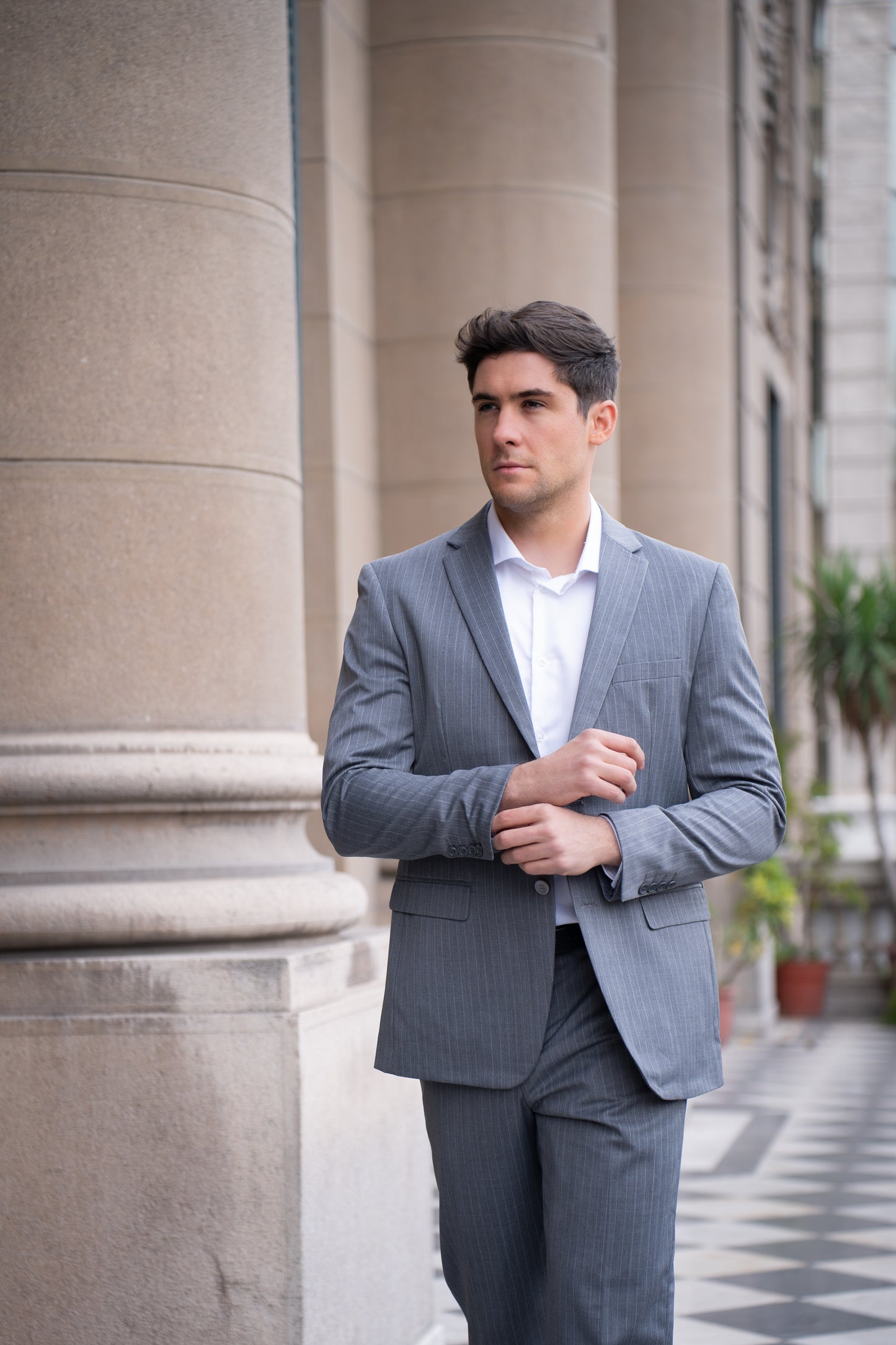 Traje Slim Fit Dos Piezas Gris Rayado