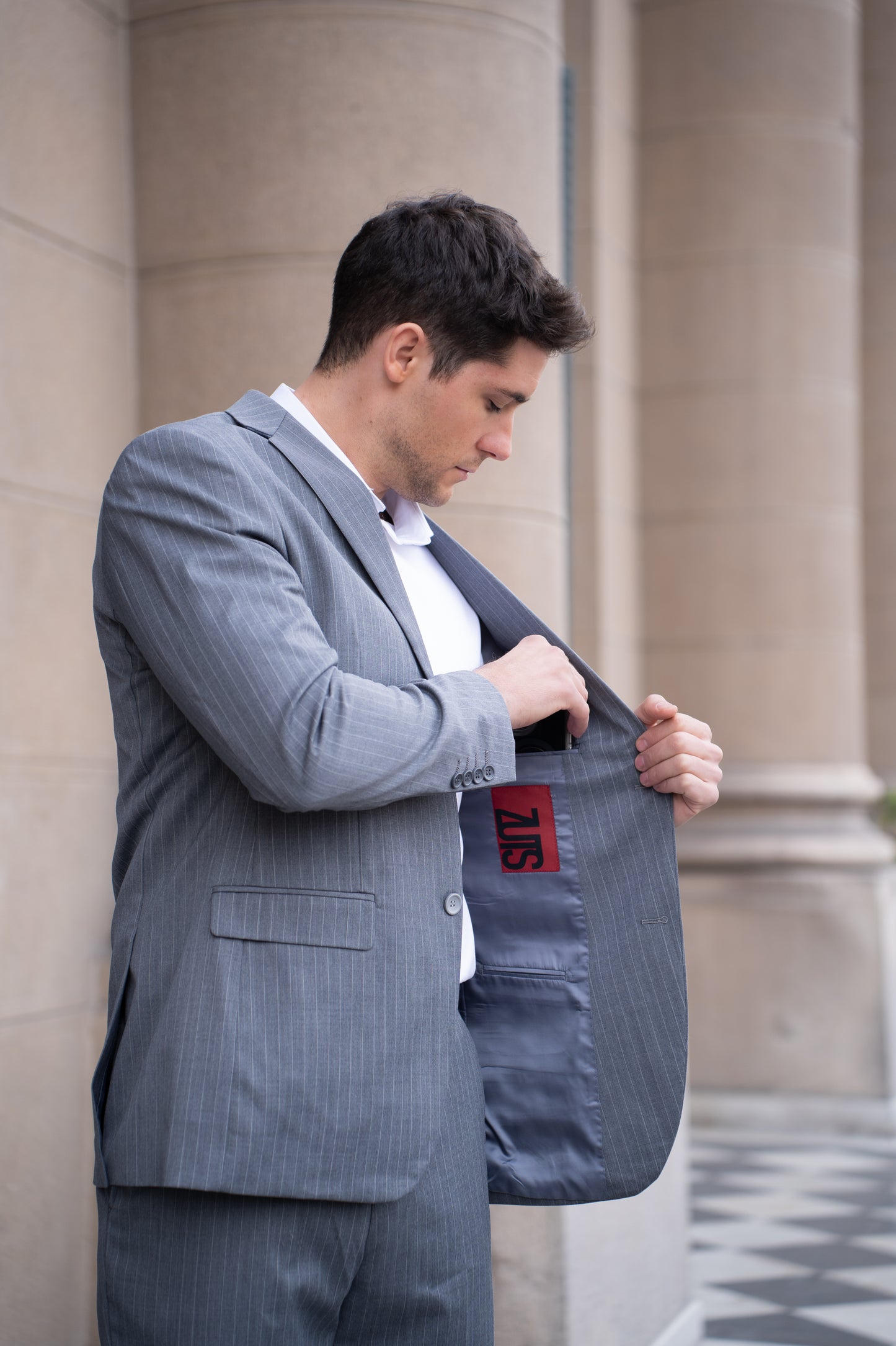 Traje Slim Fit Dos Piezas Gris Rayado