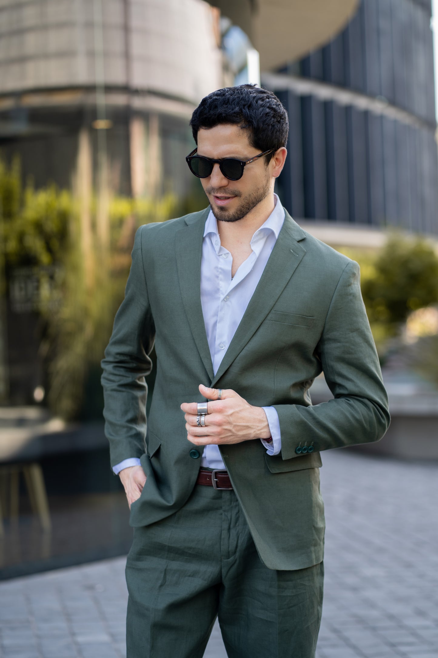 Traje Slim Fit Dos Piezas Lino Verde