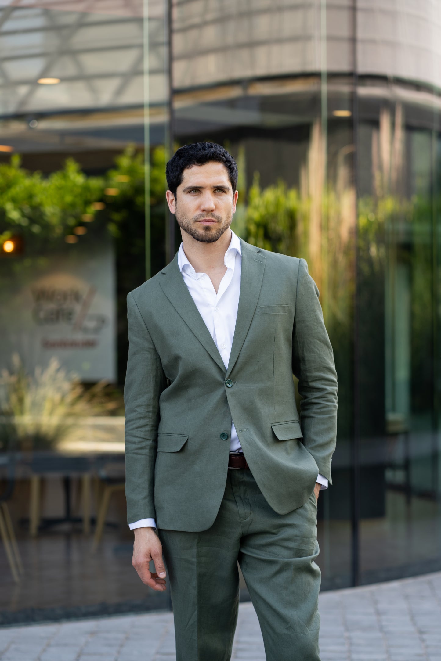 Traje Slim Fit Dos Piezas Lino Verde