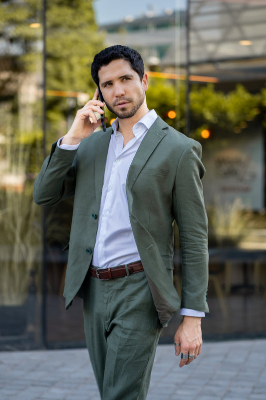 Traje Slim Fit Dos Piezas Lino Verde