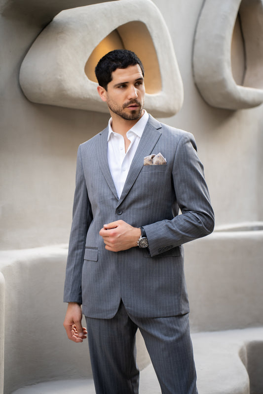 Traje Slim Fit Dos Piezas Gris Rayado
