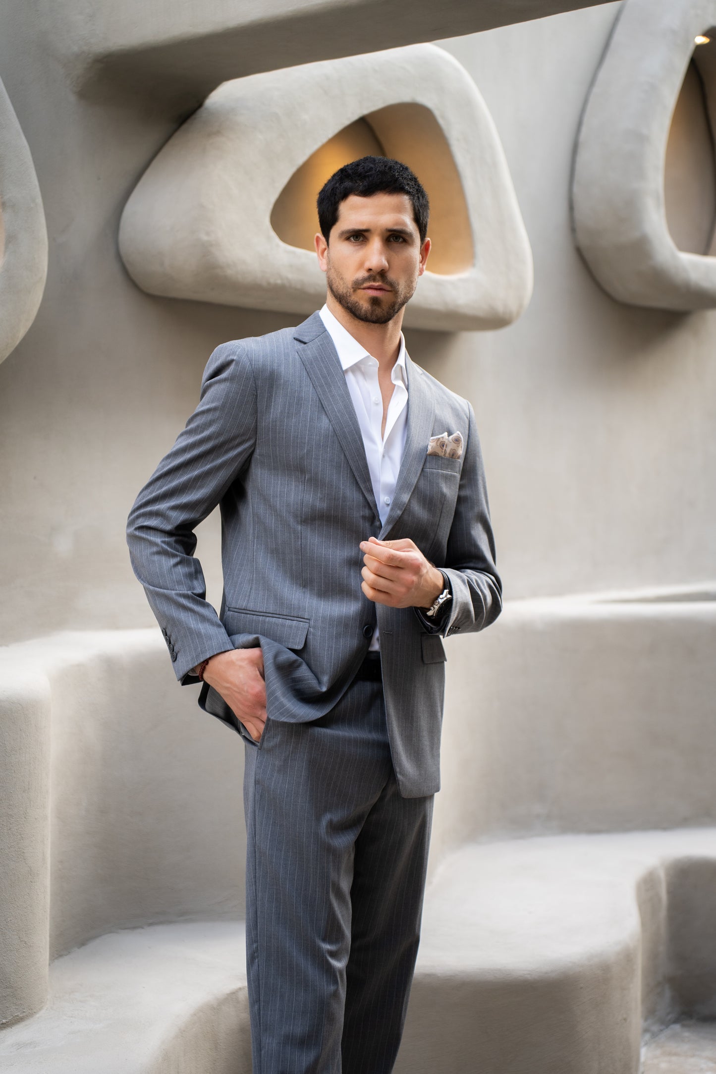 Traje Slim Fit Dos Piezas Gris Rayado