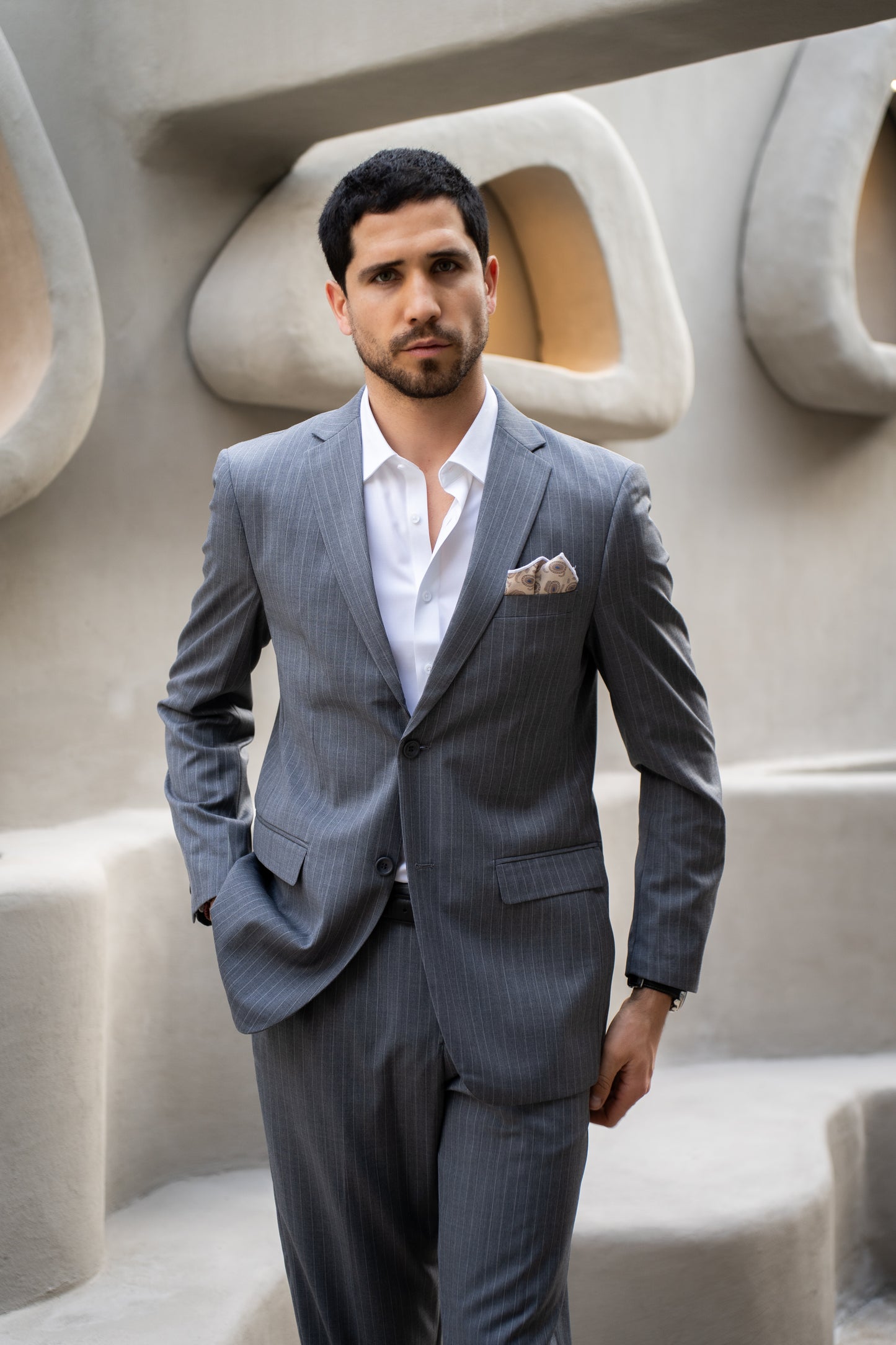 Traje Slim Fit Dos Piezas Gris Rayado