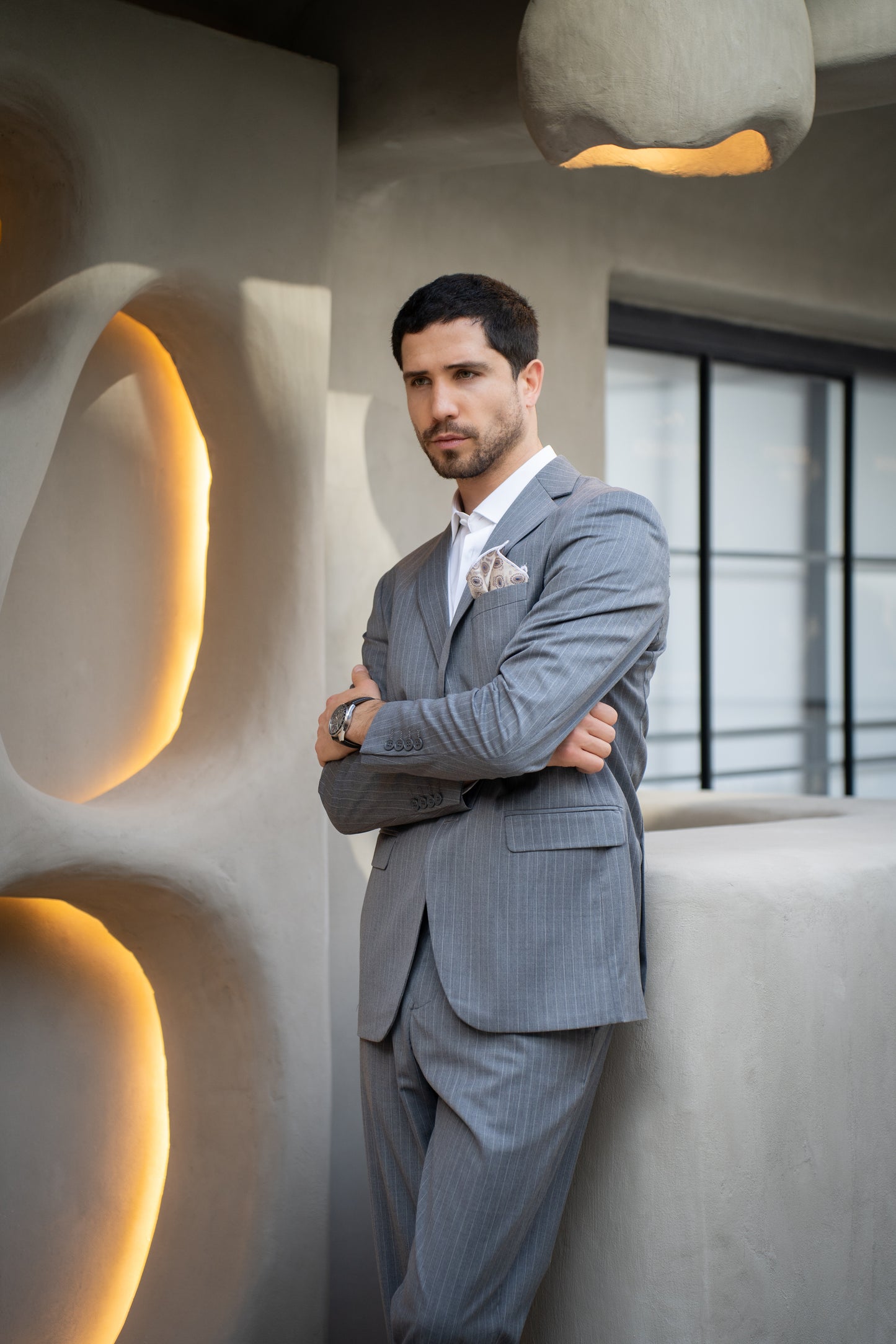 Traje Slim Fit Dos Piezas Gris Rayado