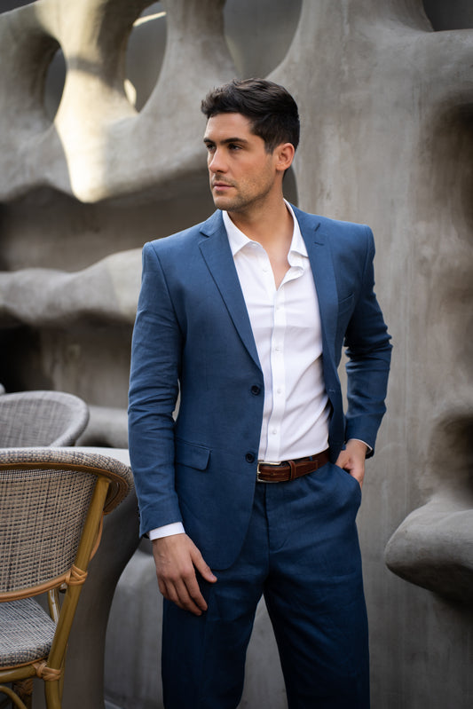 Traje Slim Fit Dos Piezas Lino Azul