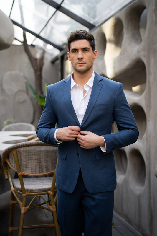 Traje Slim Fit Dos Piezas Lino Azul